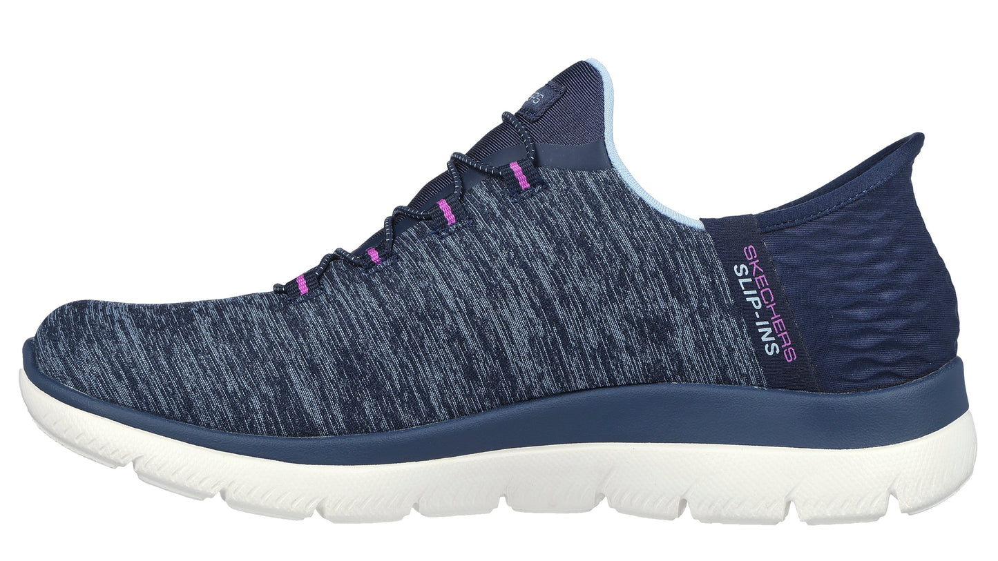 Slip-on sneaker, blue heathered knit upper with pink accents, white sole, visible 'SKECHERS SLIP-INS' text at heel.