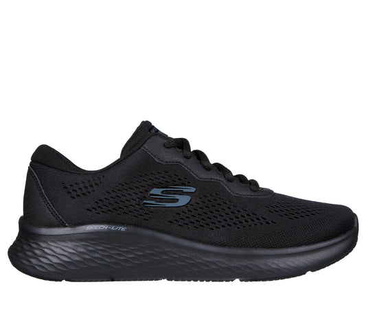 Black athletic shoe with breathable mesh and 'S' logo.