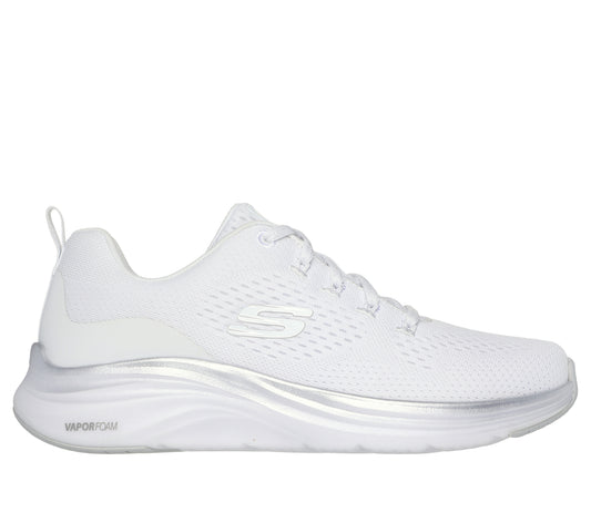White running shoe with Vapor-foam sole and Skechers logo.