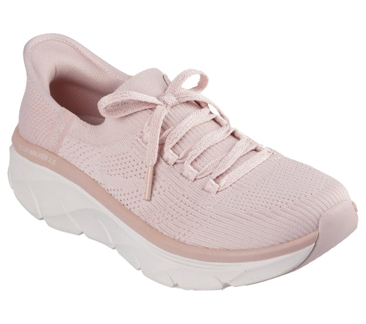 Light pink knit sneaker with a white sole and a lace-up closure.