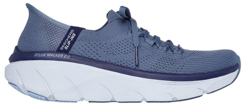 A blue walking shoe with D'LUX WALKER 2.0 and SLIP-INS text on it, with a white sole.
