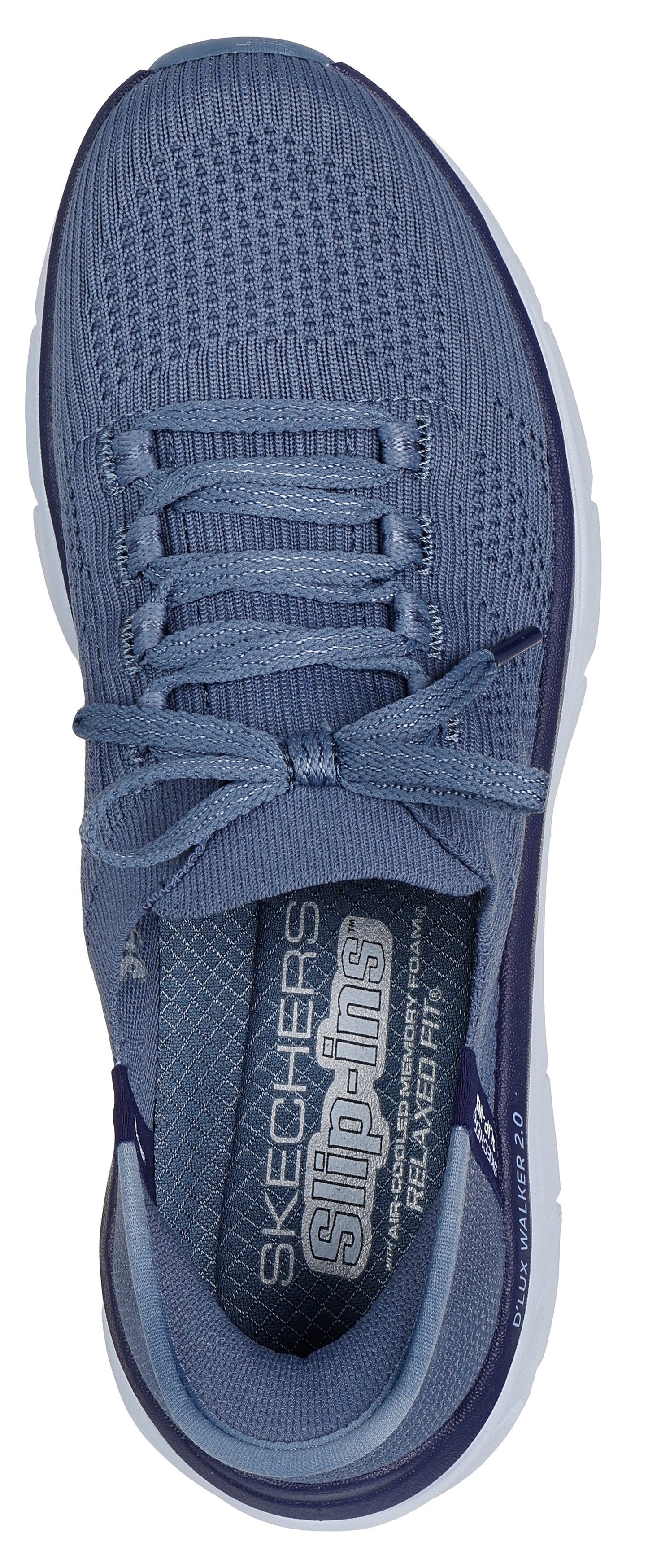 A blue sneaker with laces and visible text "SKECHERS Slip-ins" on the insole.
