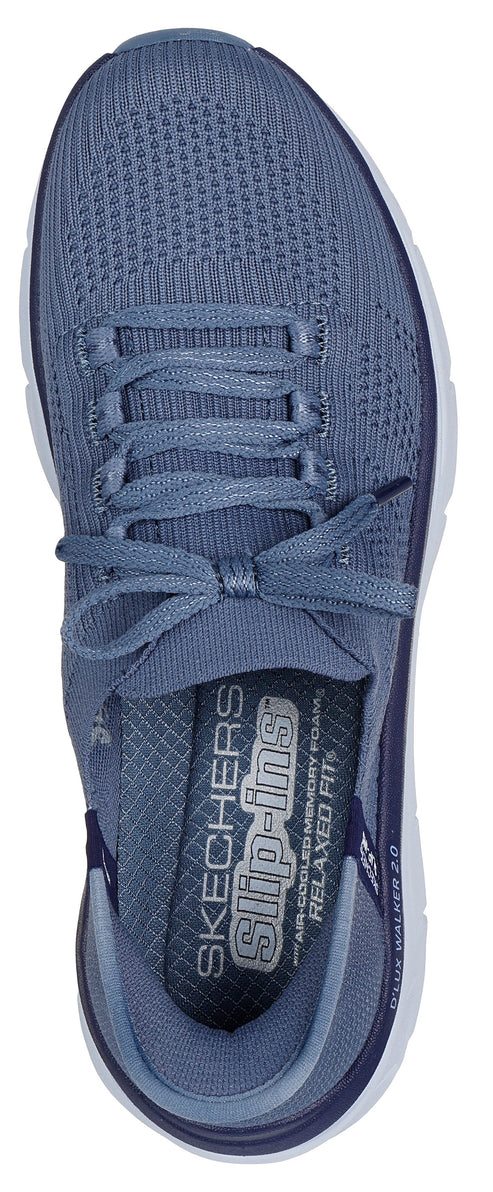 A blue sneaker with laces and visible text "SKECHERS Slip-ins" on the insole.