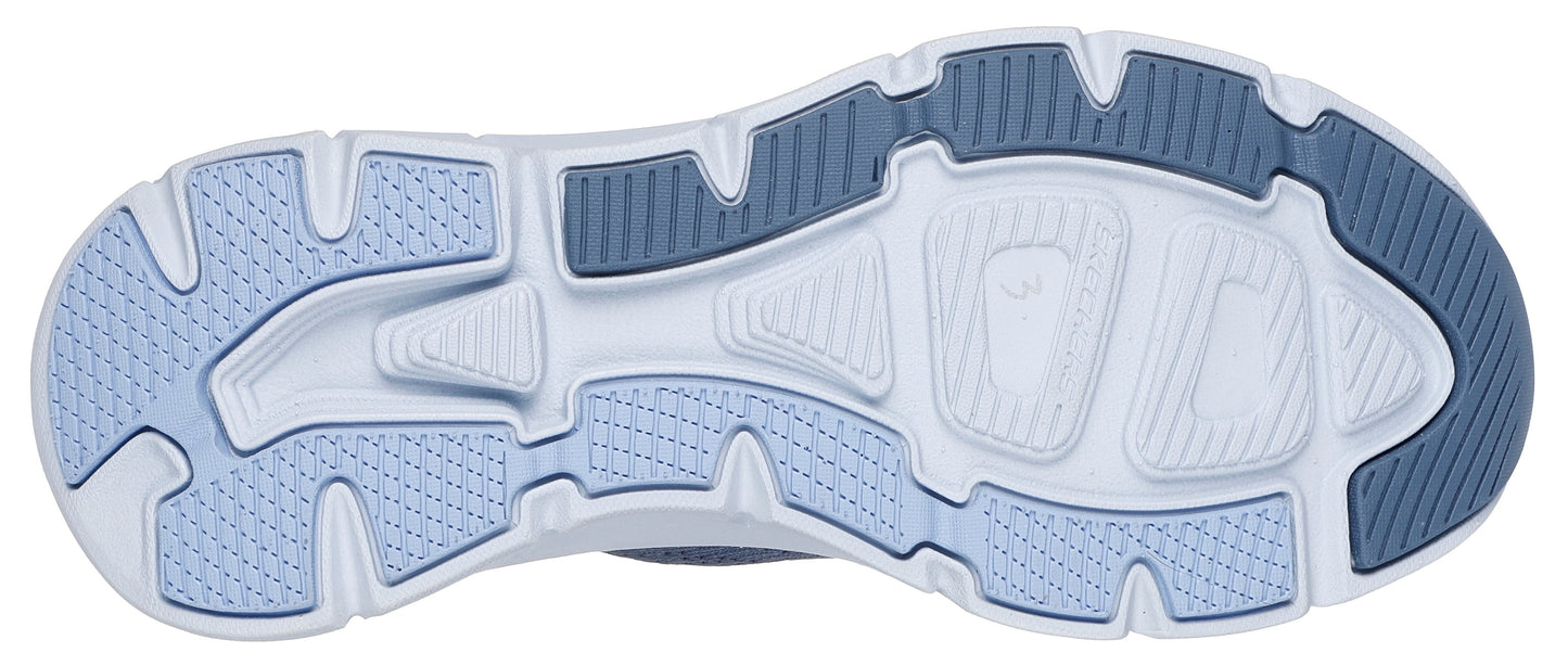 A shoe sole with patterned treads in light and dark blues and white.