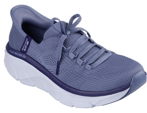 Lavender knit sneaker with white sole and laces, featuring a dark blue accent with 'SLIP-INS' text.