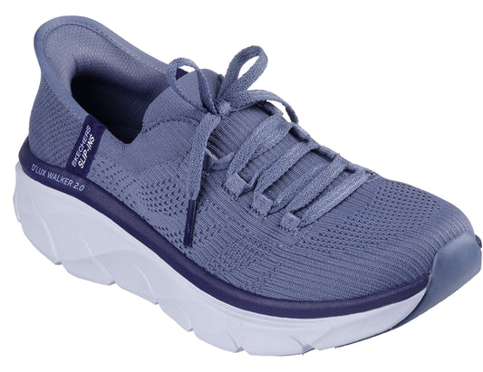 Lavender knit sneaker with white sole and laces, featuring a dark blue accent with 'SLIP-INS' text.
