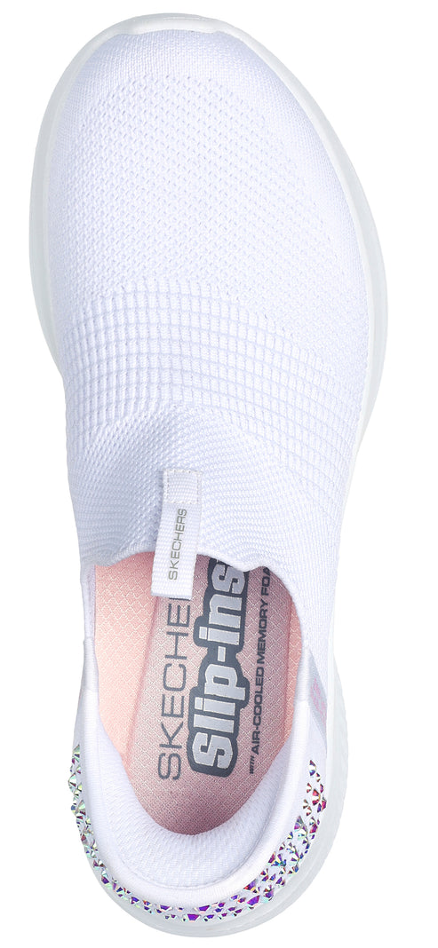 A white slip-on shoe with a knit upper and a decorative heel.