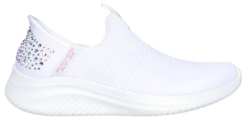 White slip-on sneaker with rhinestones on the heel.