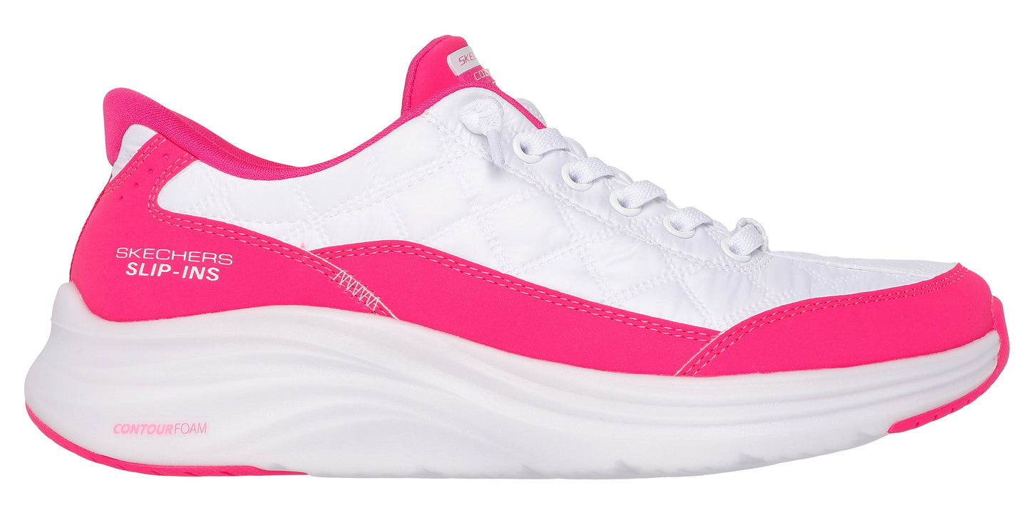 A white and pink athletic shoe.