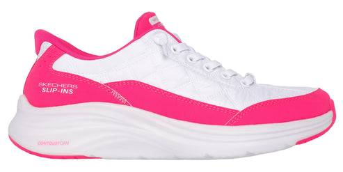 A white and pink athletic shoe.