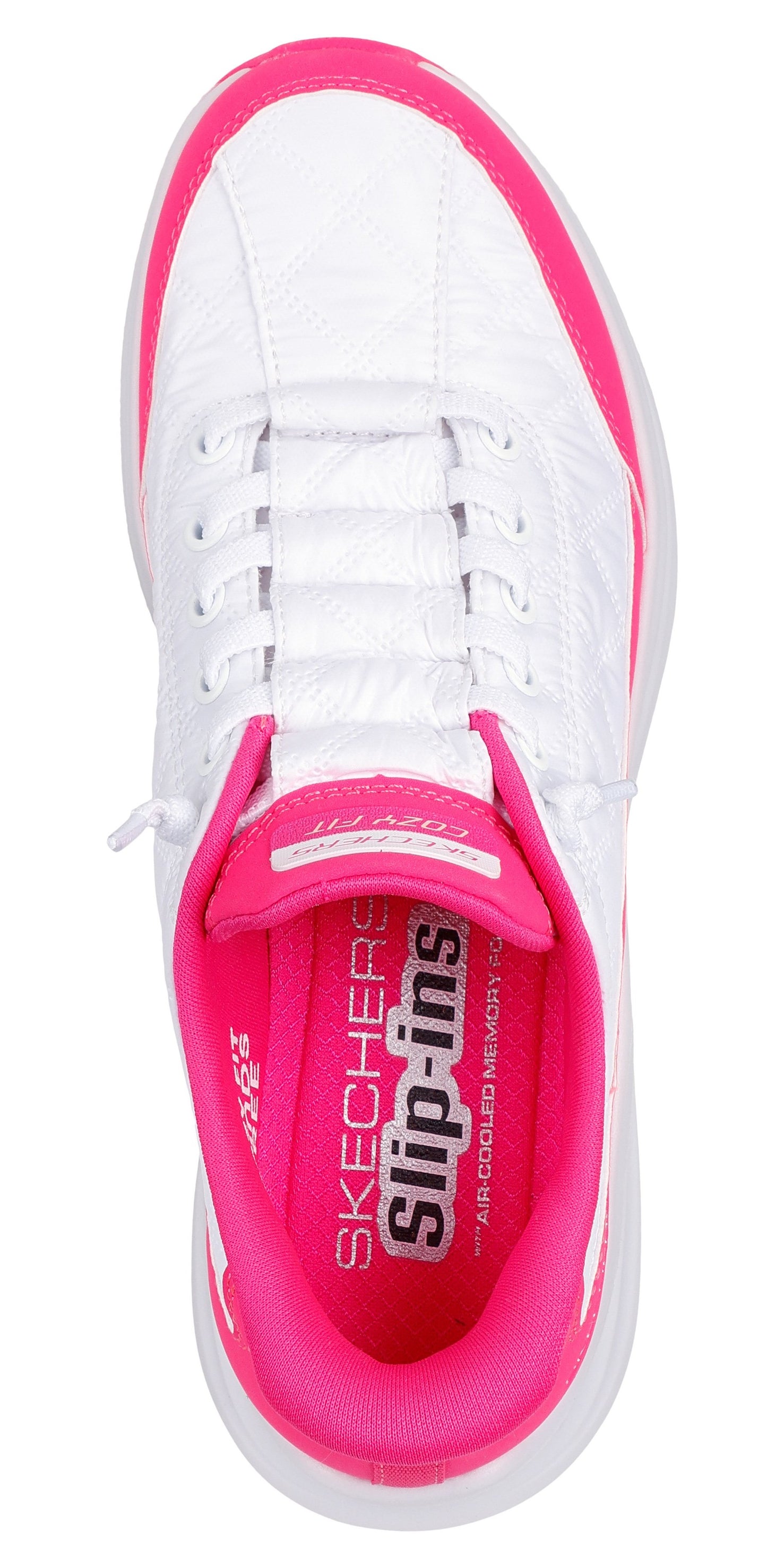 A top-down view of a white and pink shoe featuring white laces.
