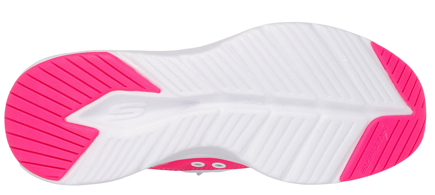 A shoe sole with pink treads and a white base.