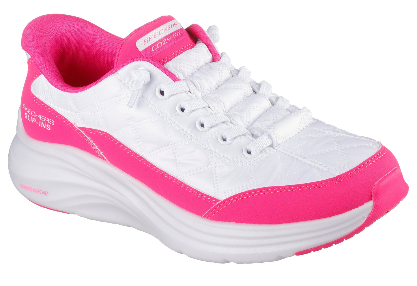 A white sneaker with pink accents.
