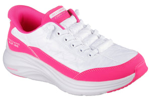 A white sneaker with pink accents.