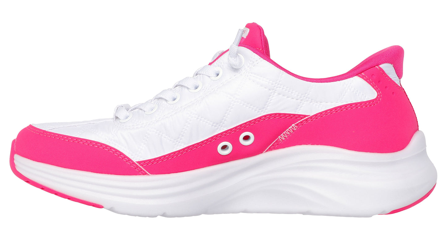 A white athletic shoe with pink trim and white soles, shown in profile.