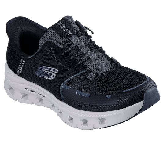Black sneaker with white sole and "SKECHERS SLIP-INS" and "GLIDE-STEP" text on side.