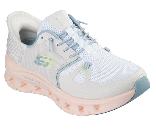 A women's white sneaker with a light pink sole and light blue laces.