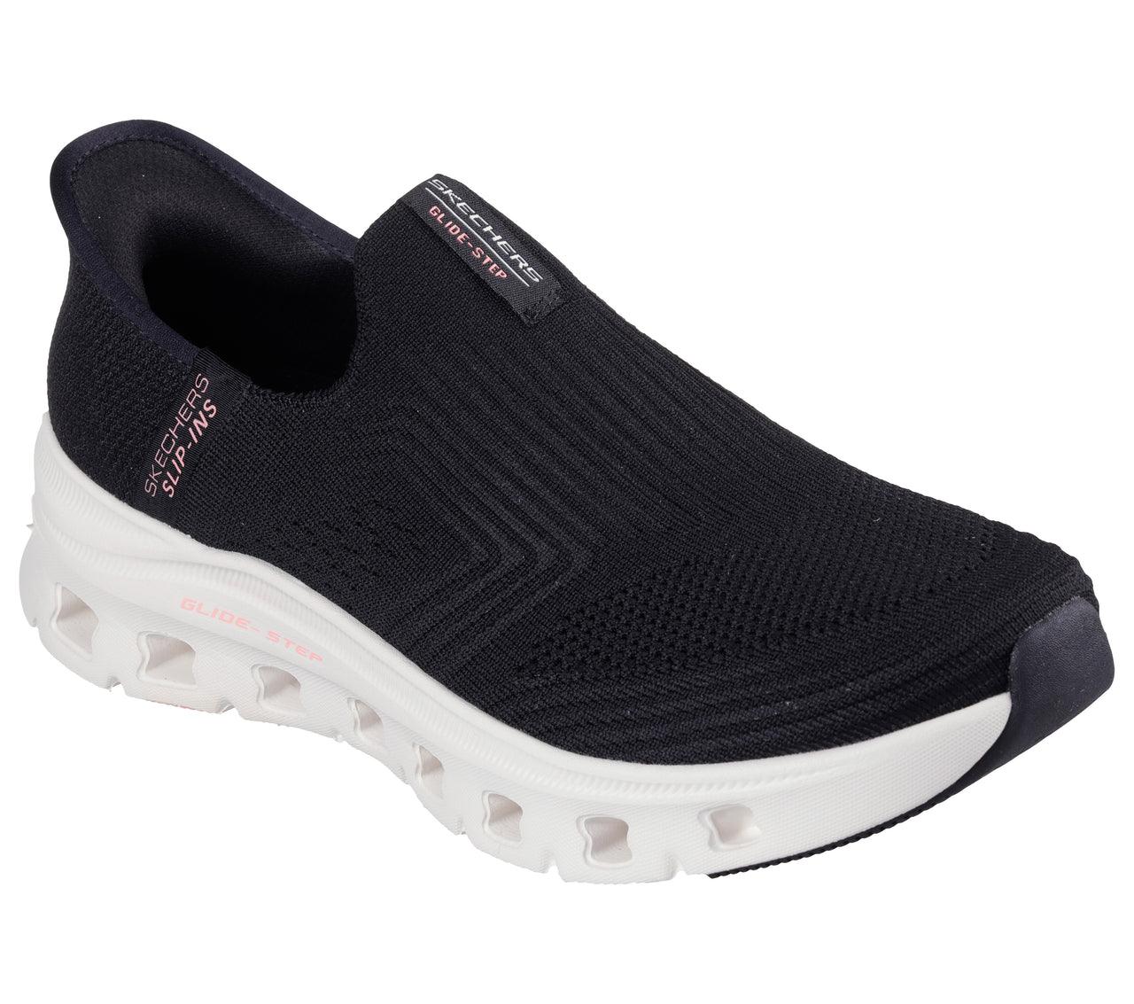 Black slip-on sneaker with a white sole; it has the text "SKECHERS SLIP-INS" on the heel and "SKECHERS SLIDE-STEP" on the side.