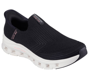 Black slip-on sneaker with a white sole; it has the text "SKECHERS SLIP-INS" on the heel and "SKECHERS SLIDE-STEP" on the side.