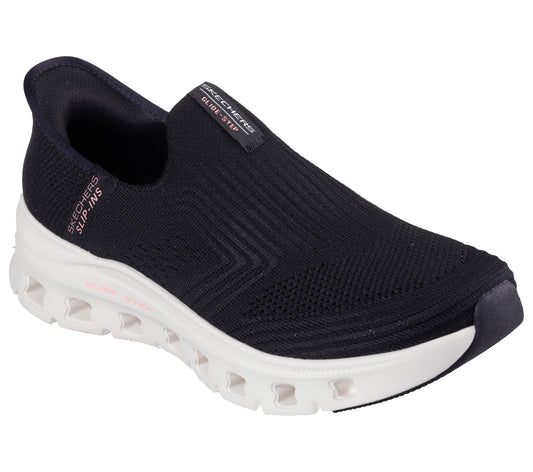 Black slip-on sneaker with a white sole; it has the text "SKECHERS SLIP-INS" on the heel and "SKECHERS SLIDE-STEP" on the side.