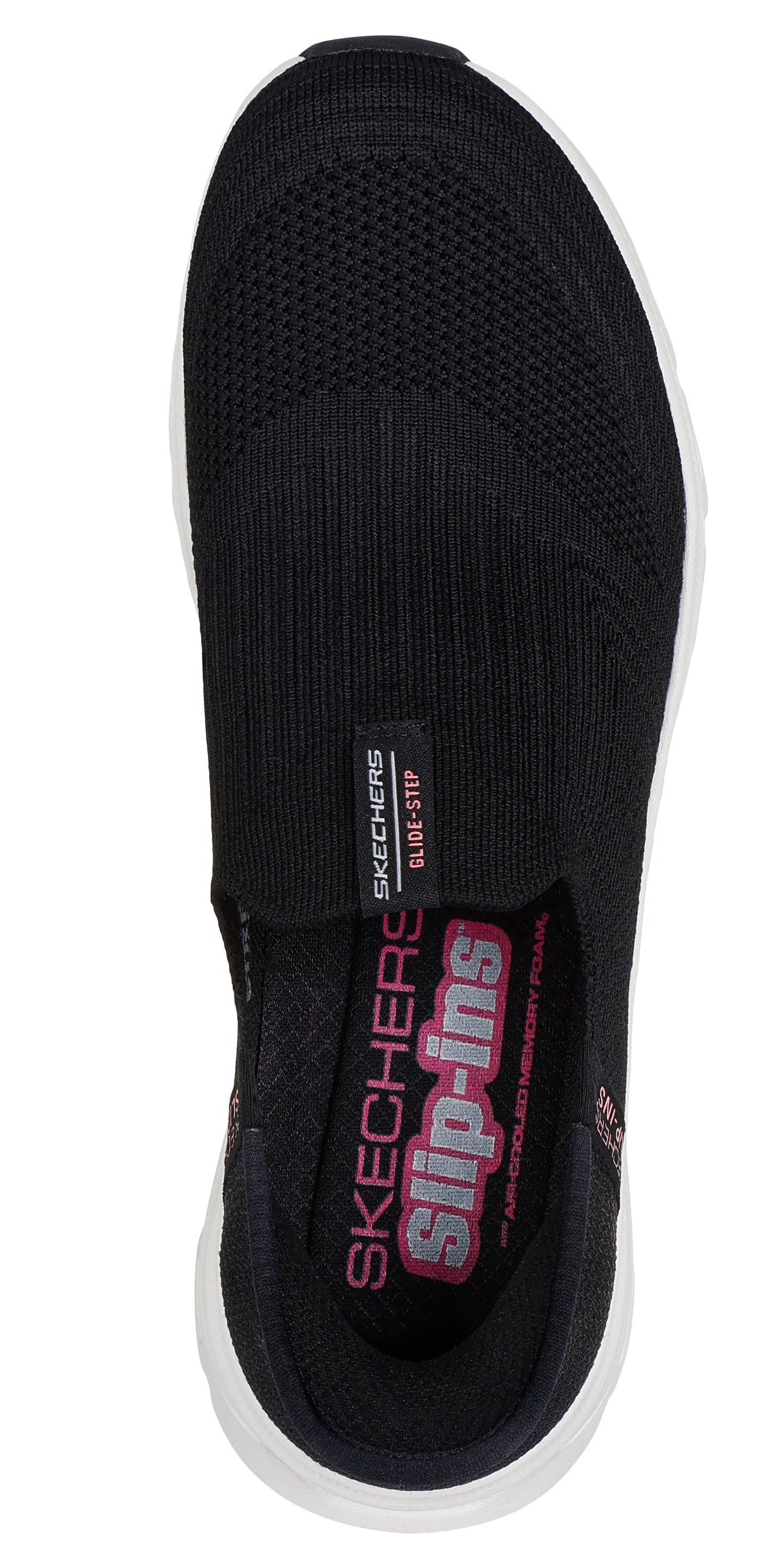 Top view of black shoe with white sole. The shoe says "Skechers Slip-ins" and "Slide-Step".