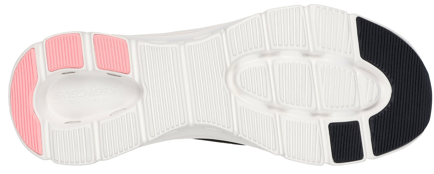 The sole of a shoe has a ribbed texture, featuring pink accents at the heel and black accents at the toe.