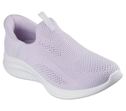 Lavender knitted slip-on sneaker with white sole.