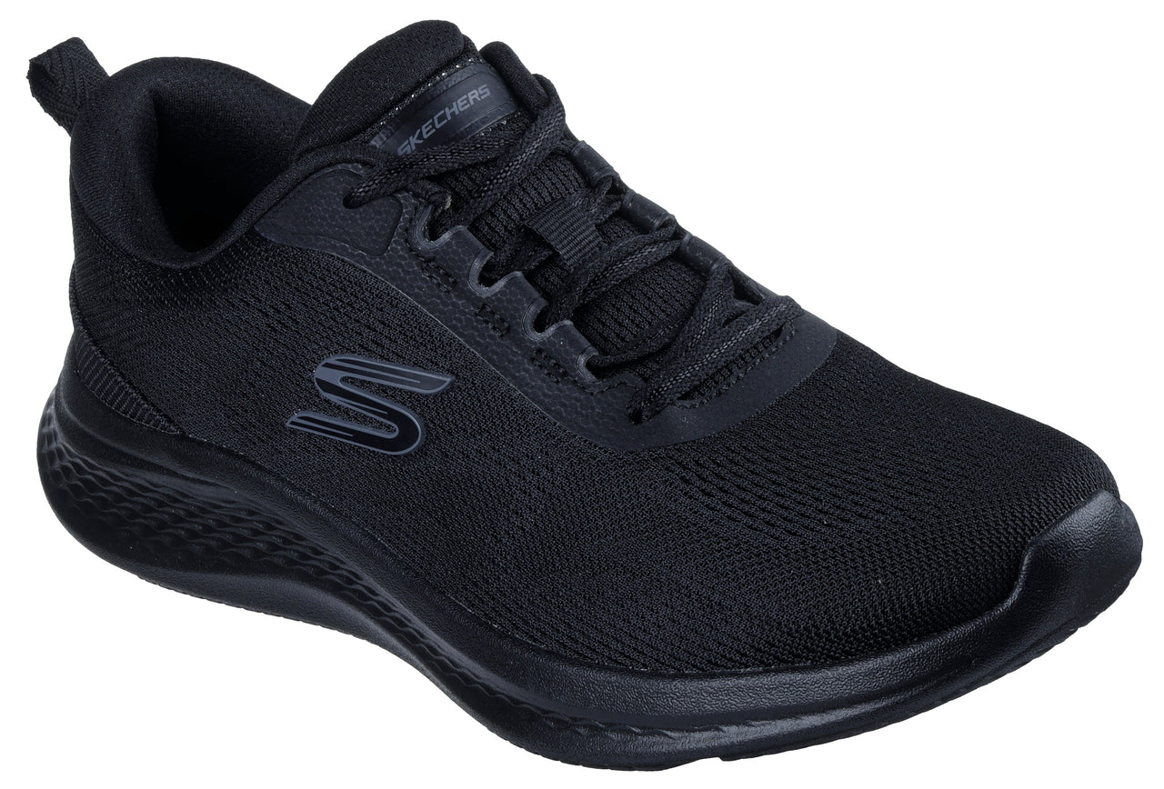 A black mesh running shoe with black laces and a black sole.