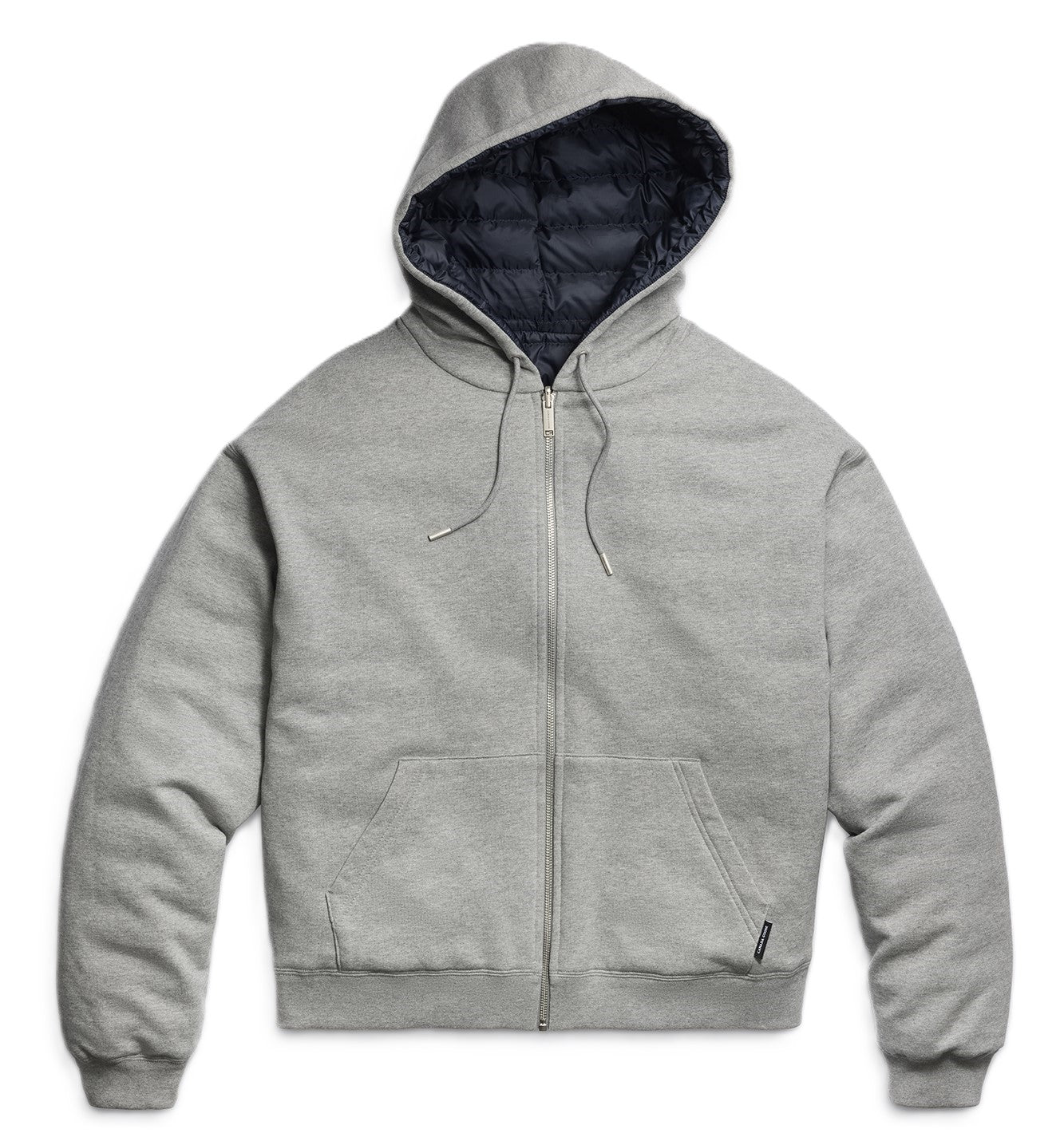 Gray, zip-up hooded jacket with a navy lining.