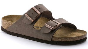 Brown sandal with two adjustable straps and metal buckles.