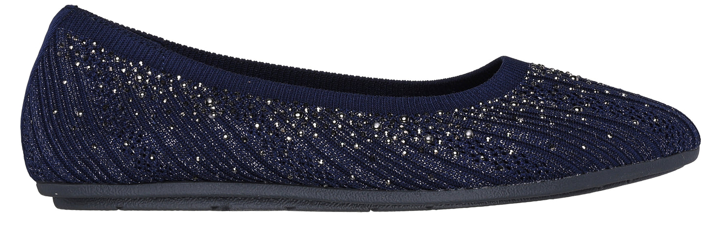 Navy blue ballet flat with glittering surface.