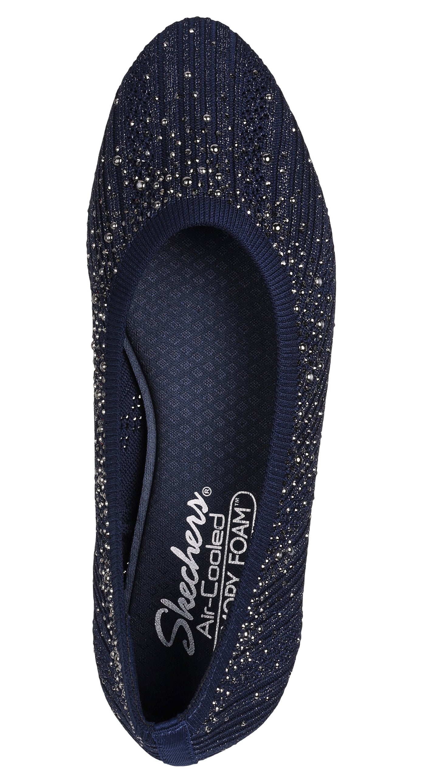 Top-down view of a dark blue ballet flat with glitter details. "Skechers Air-Cooled Memory Foam" is printed on the insole.