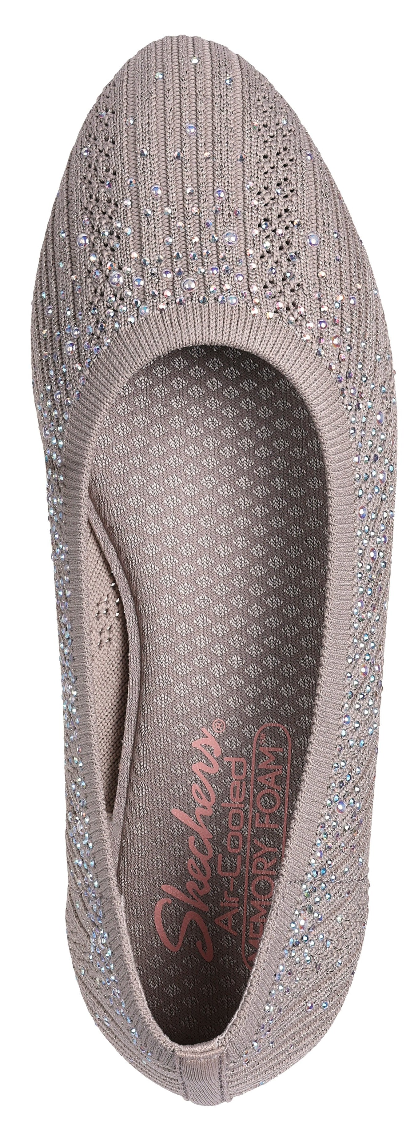 A sparkly taupe ballet flat from above, showing the insole which has a diamond pattern and a logo that reads "Skechers AIR-COOLED MEMORY FOAM".