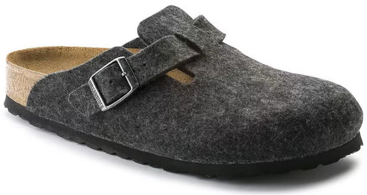 Gray felt clog with adjustable strap and buckle, cork midsole, and black sole.