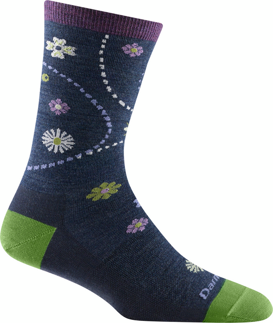 Crew sock with a navy body, purple band, green heel and toe, and floral pattern.