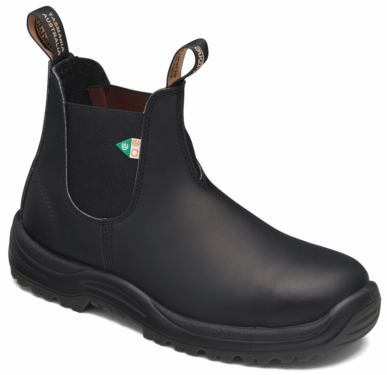 Black leather Chelsea boot with pull tabs.