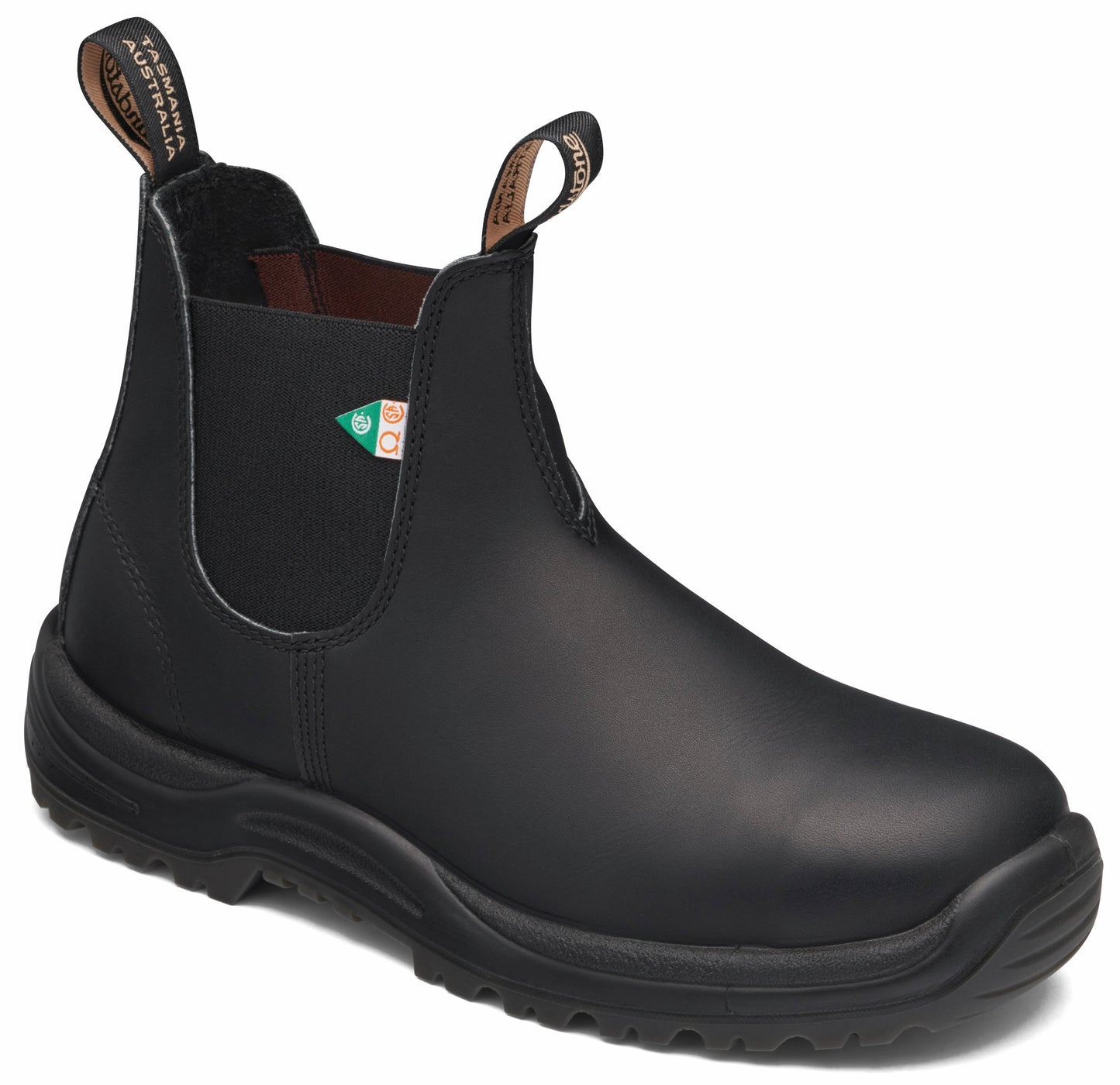 Black leather Chelsea boot with pull tabs.