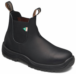 Black leather Chelsea boot with pull tabs.