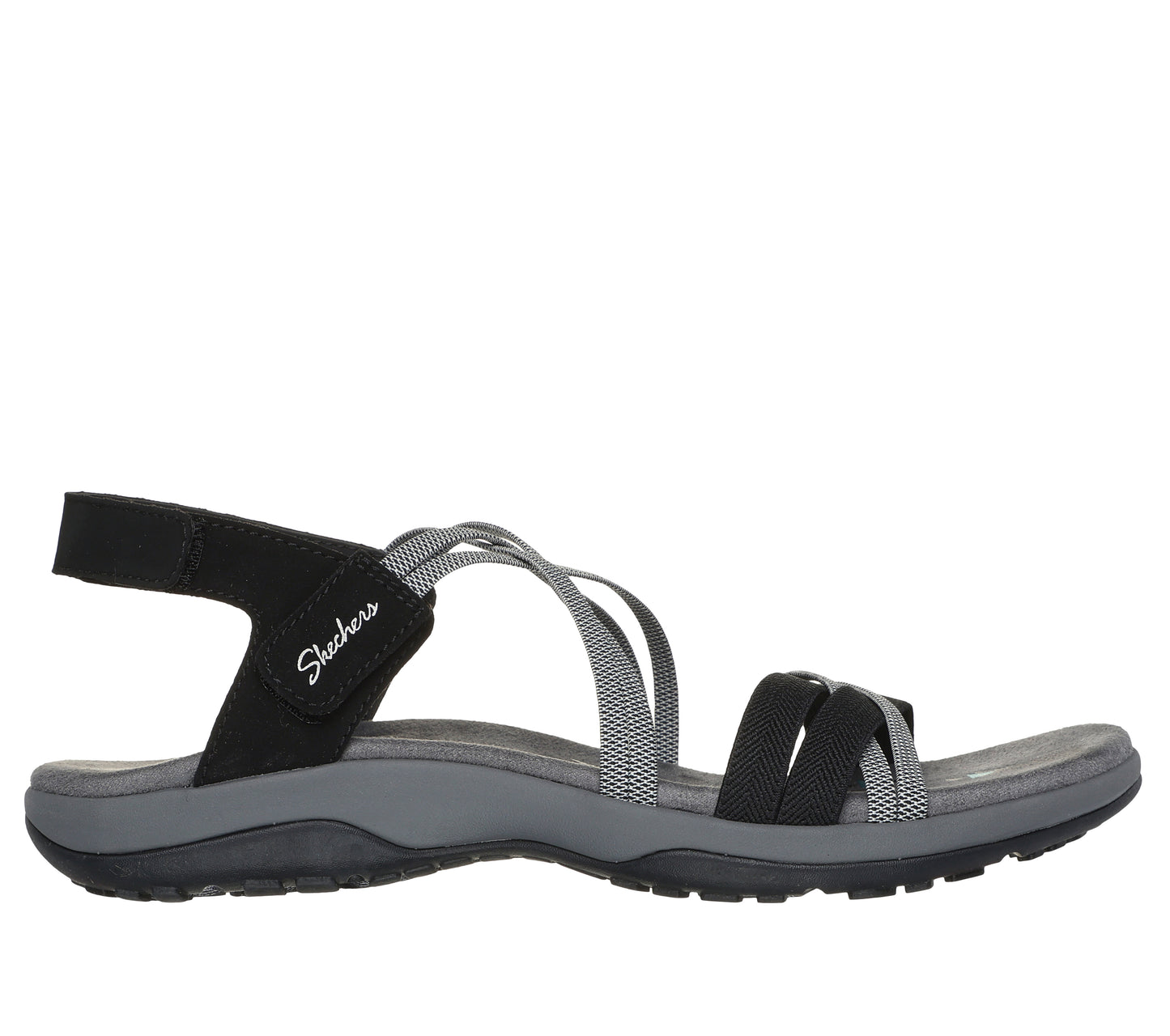 Black and gray sandal with multiple straps and a heel strap, 'Skechers' visible on the side.
