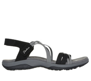 Black and gray sandal with multiple straps and a heel strap, 'Skechers' visible on the side.