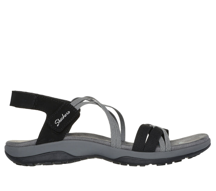 Black and gray sandal with multiple straps and a heel strap, 'Skechers' visible on the side.