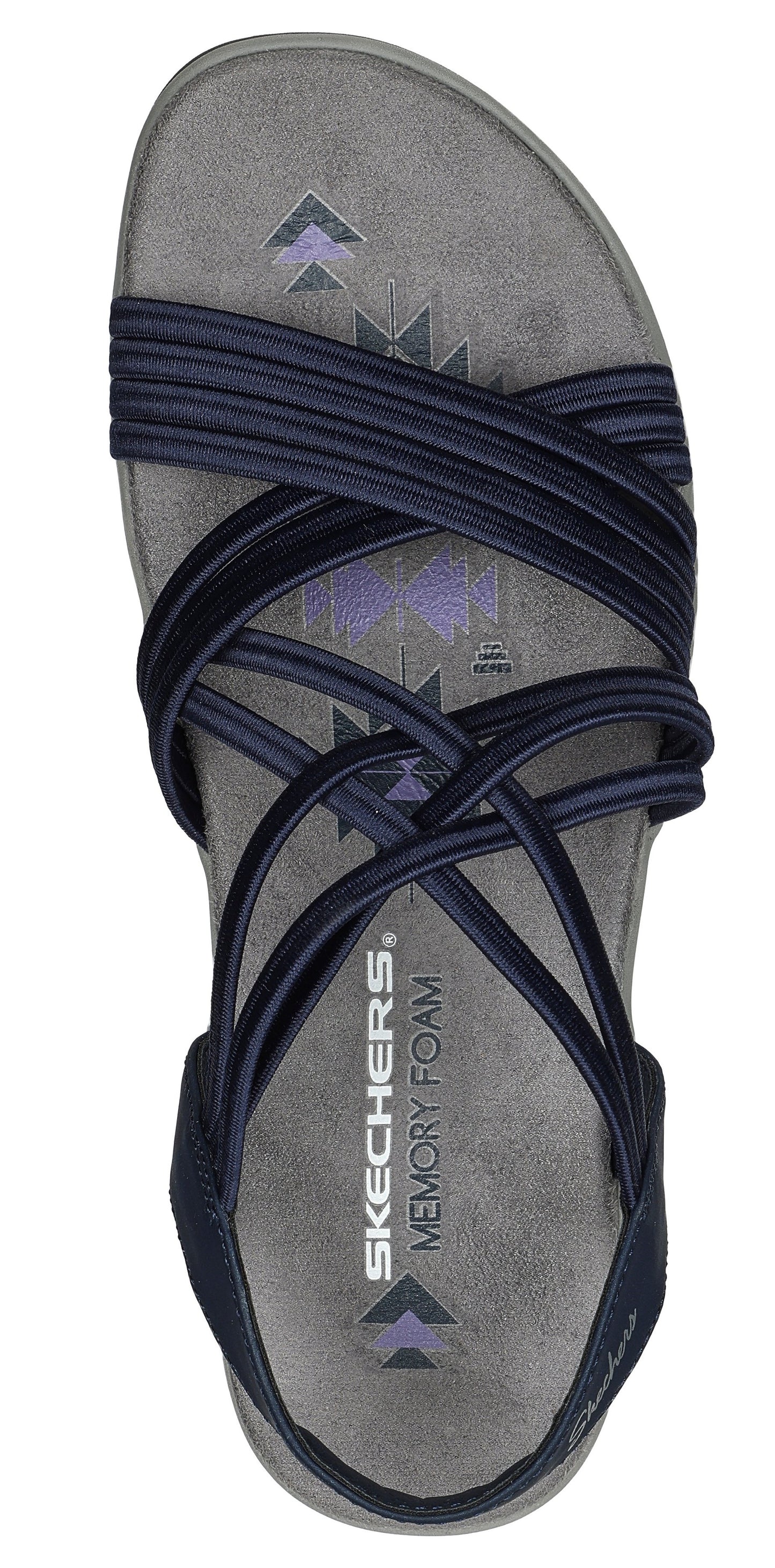 A navy-colored sandal with a memory foam sole and multiple straps across the foot.