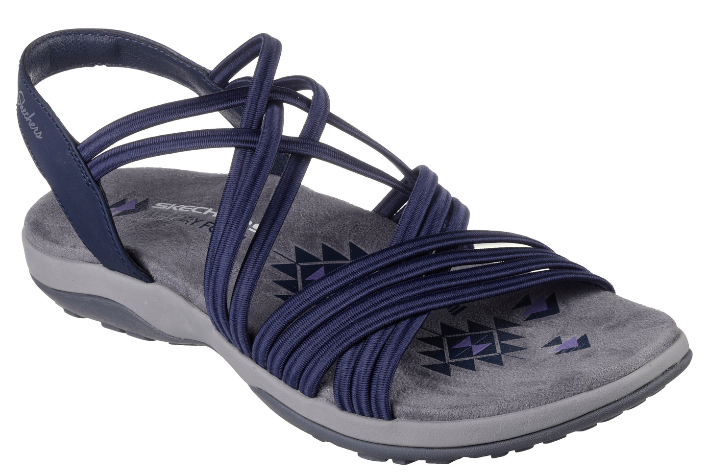 Navy sandal featuring multiple elastic bands crisscrossing over the foot, with a slingback strap.