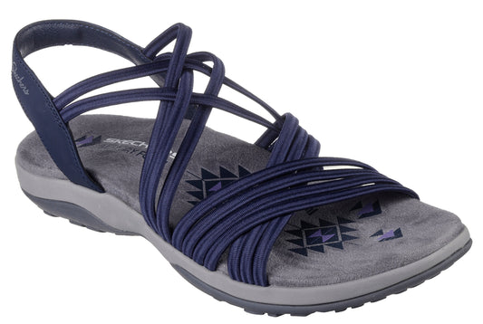 Navy sandal featuring multiple elastic bands crisscrossing over the foot, with a slingback strap.