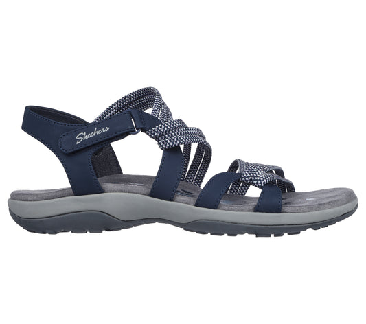 Navy walking sandal with multiple straps and a velcro heel strap.