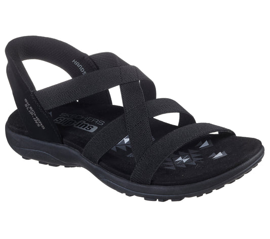 Black sandal with multiple fabric straps and a heel strap.