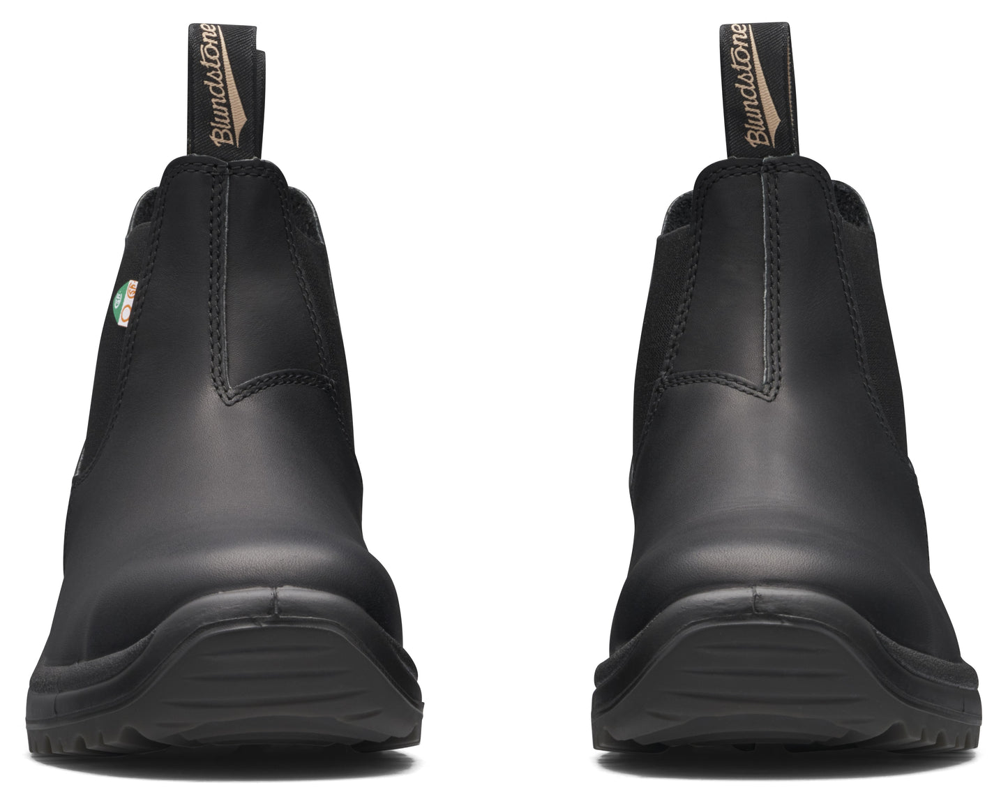 Front view of black leather Chelsea-style boots with elastic side panels and pull loops.