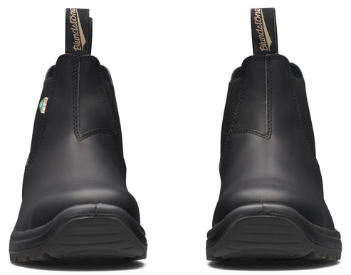 Front view of black leather Chelsea-style boots with elastic side panels and pull loops.
