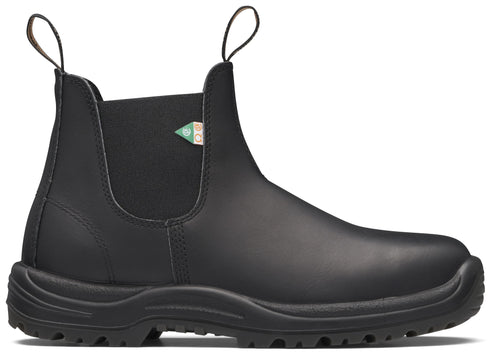Black leather work boot with elastic side panels and pull loops