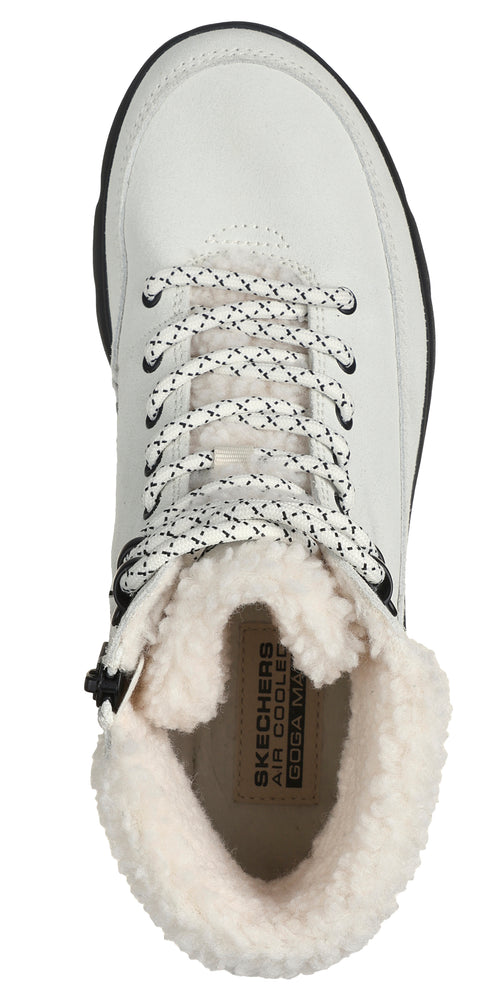 White ankle boot with plush lining and patterned laces.